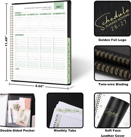 Appointment Book 2026-2027- Business Planner, JUL 2026 - JUN 2027,Planner 2026-2027, 3-Tier Schedule Planner, 8.74" x 11.38", 60 Minutes Intervals + Monthly Tabs + Leather Cover + Pocket - Pea Green