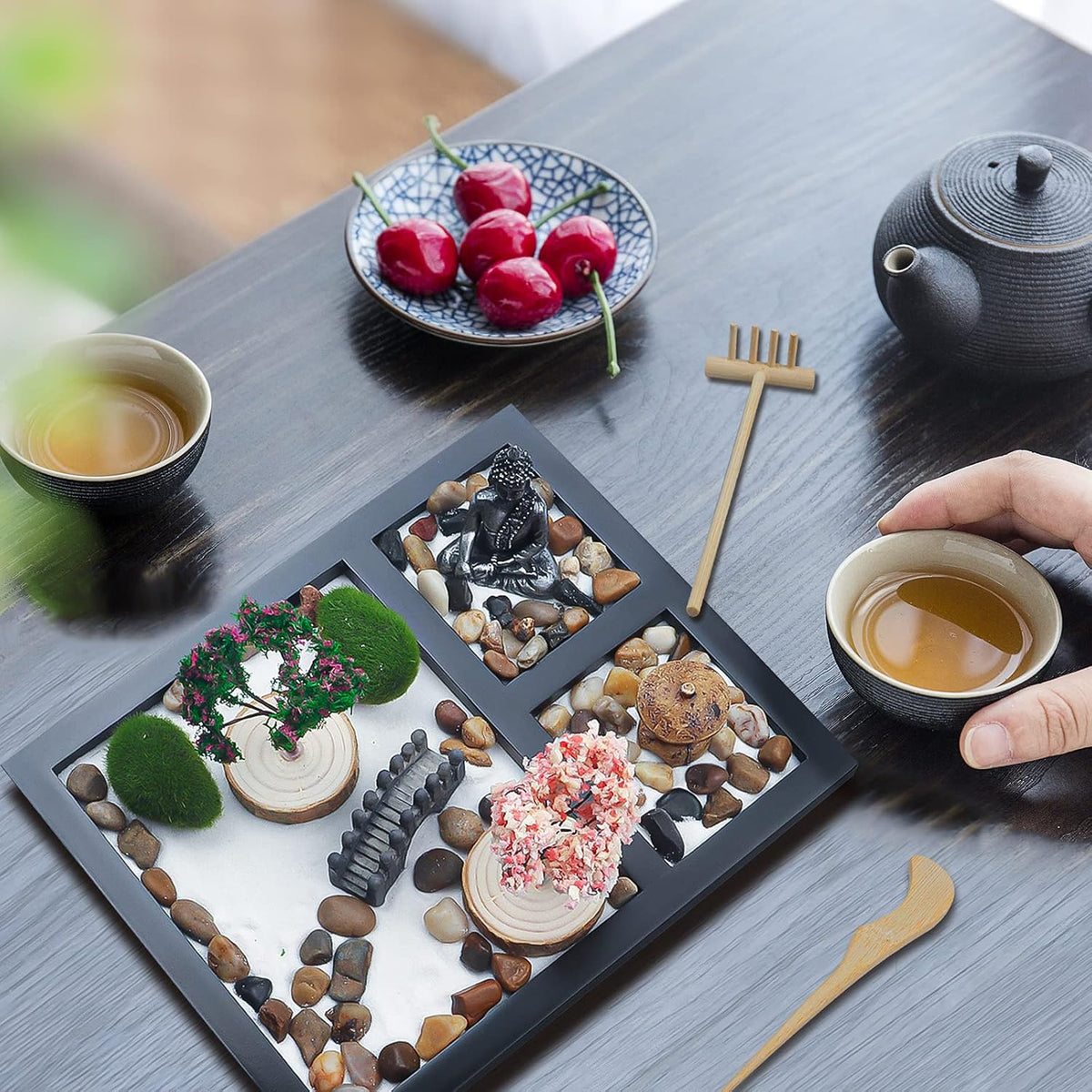 Sakura Budah Desktop Mini Zen Garden - 9" x 7" with White Sand, Artificial Bonsai Tree, Rocks, Rakes & Accessories - Meditation Gift for Office Decor