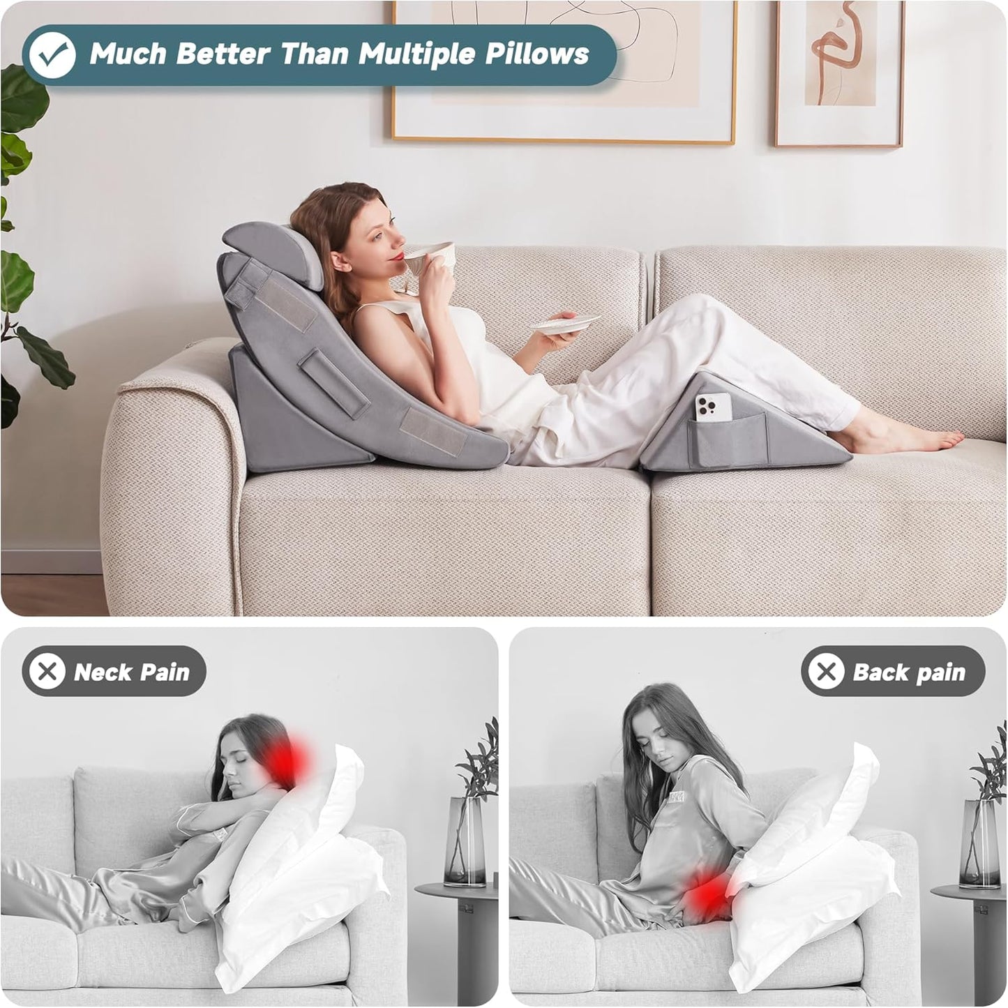Yojoker 6pcs Orthopedic Bed Wedge Pillow Set for Sleeping, Post Surgery Foam for Body, Back and Leg Pain Relief Comfortable & Adjustable Support Pillows-Anti Snoring, Heartburn