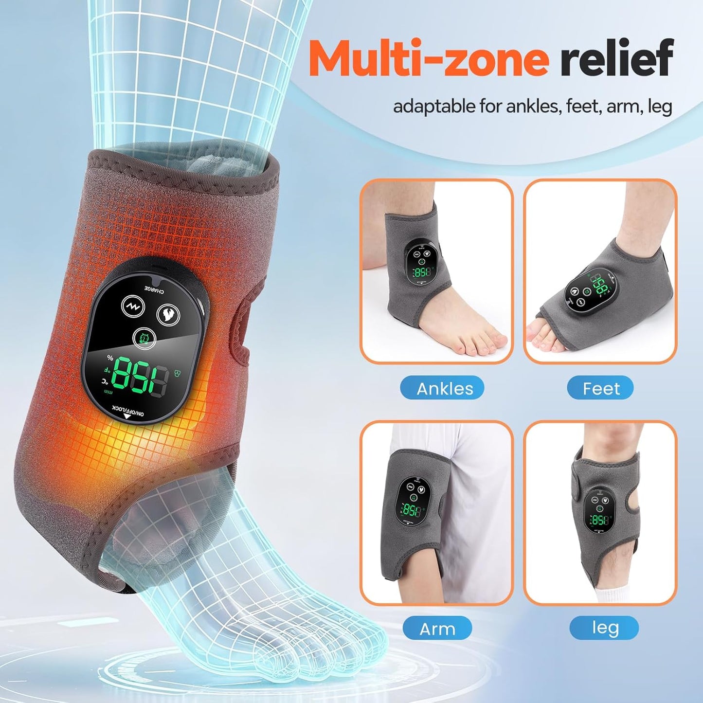 2PCS Cordless Foot Massager for Neuropathy, Foot and Ankle Massager for Pain Relief, 3000mAh Rechargeable Ankle Heating Pad with Massage for Circulation, Gray