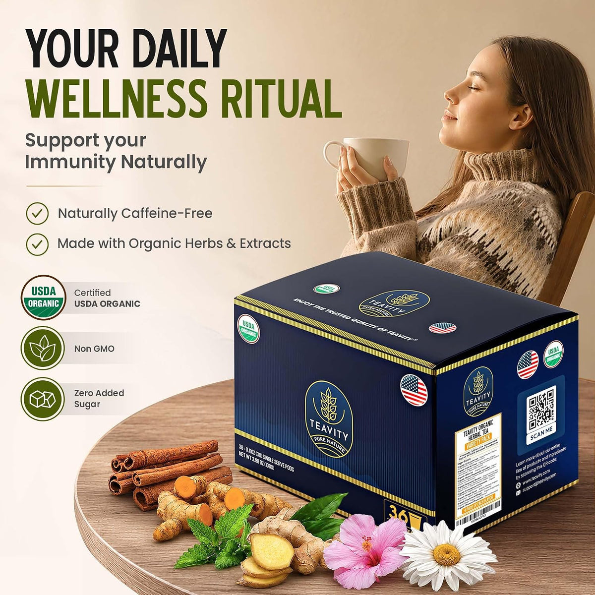 Teavity 9 Blend Organic Herbal Tea Pods Variety Pack,. 9 Assorted Flavors, Single Serve Decaf Tea Pods - 100% Gourmet Blended Leaves, Compatible with Keurig K Cups Brewer