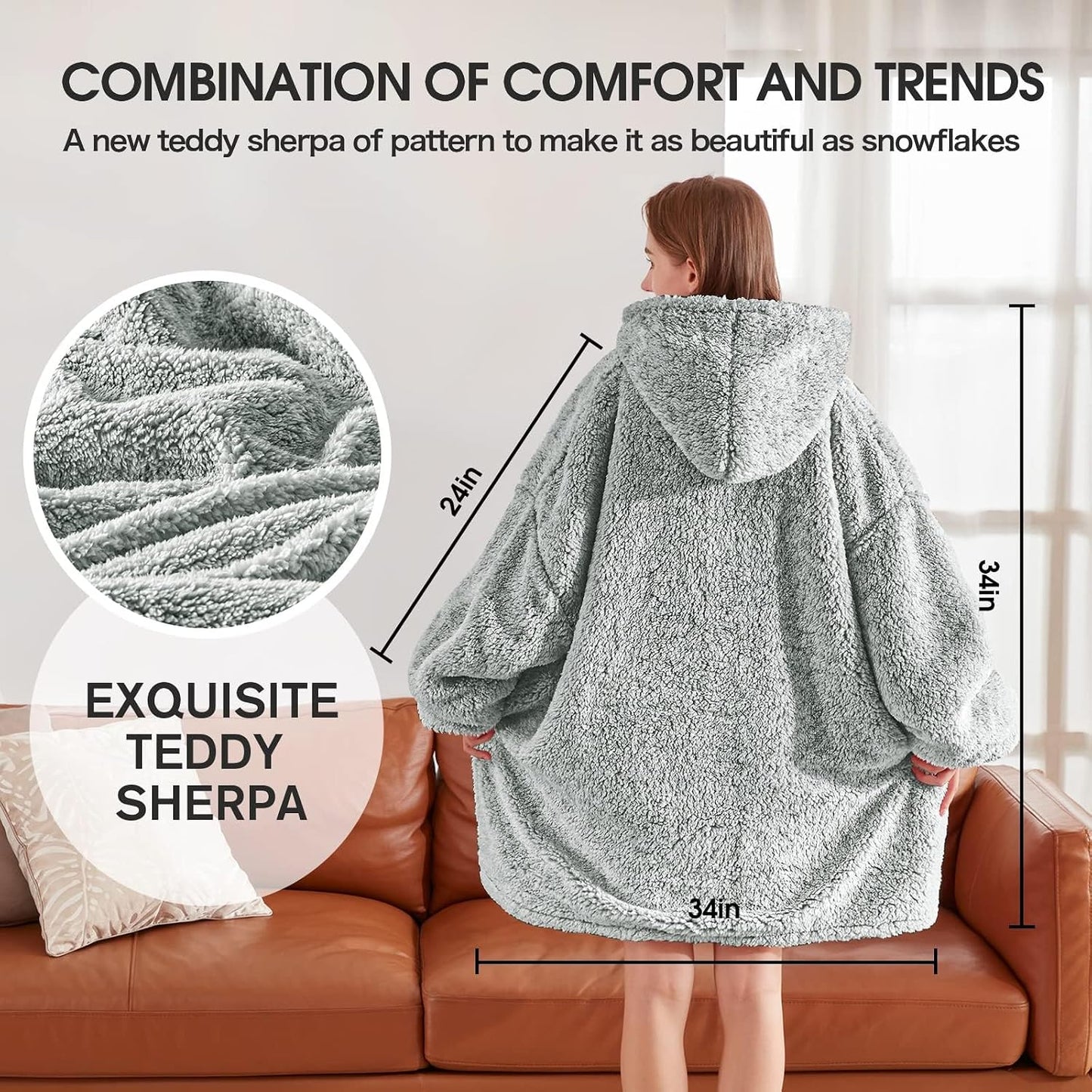 yescool Wearable Blanket Hoodie, Flannel Sherpa Fleece Blanket Sweatshirt for Adults Women Men,One Size Fits All - Colors B