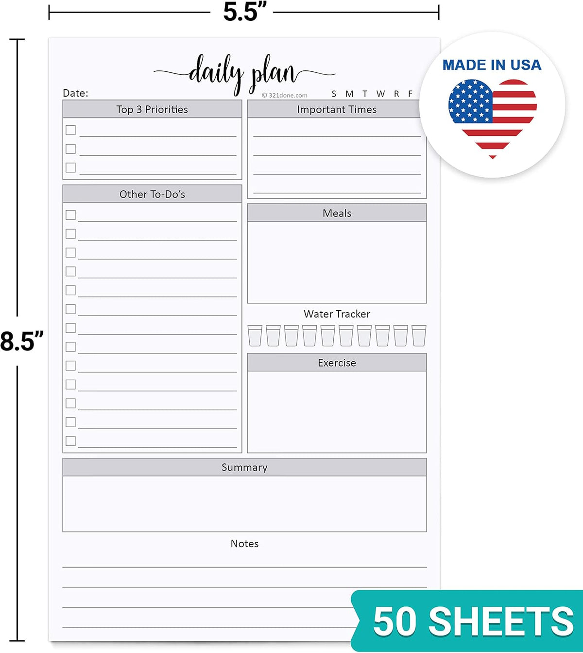 321Done Daily Schedule Notepad, 5.5x8.5 Inches, 50 Sheets, Undated