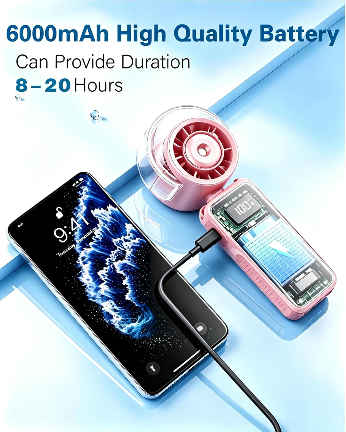 Portable Handheld Air Conditioner Fan with Mist,6000mAh Rechargeable Personal Misting Cooling Fan,5Speed Foldable Mini Water Spray Air Cooler,Turbo Hand AC Fan for Travel,Camping,Gifts Men/Women-White