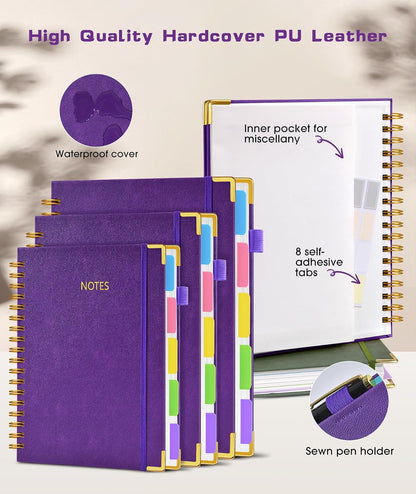 Hardcover Spiral Notebook journal with Removable Dividers Tabs, 300 Pages Leather 5 Subject Notebook College Ruled, 8"x10" Large B5 Notebooks for Work School Note taking, Lined Journal for Women,Black