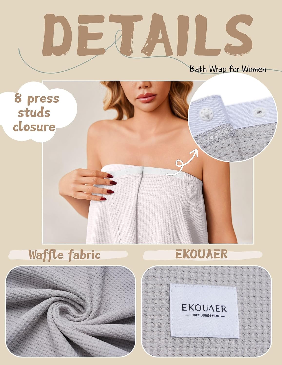 Ekouaer Waffle Robes Towel Wrap for Women Bath Wrap Lightweight Spa Robe