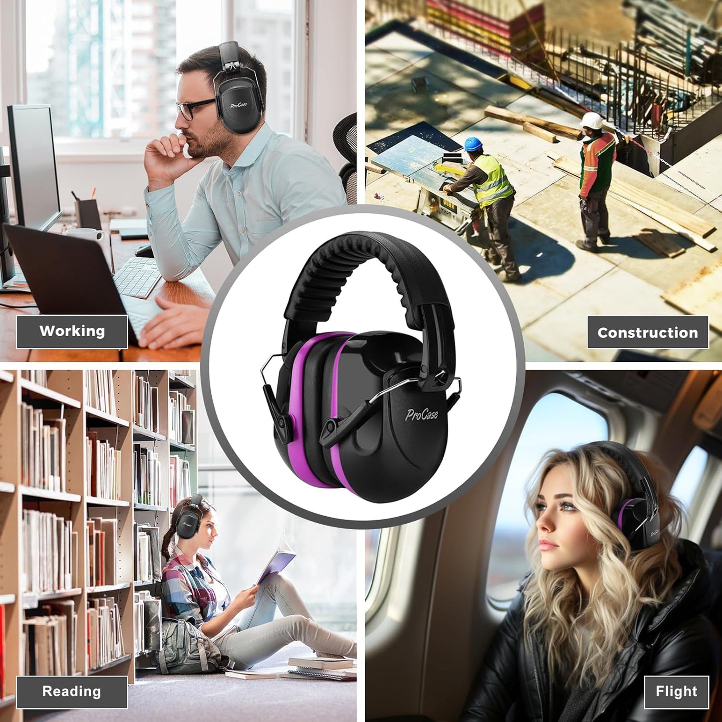 ProCase NRR 28dB Noise Reduction Ear Muffs, Foldable Adjustable Passive Noise Cancelling Headphones for Adults Kids Autism, Hearing Protection for Shooting, Construction, Mowing, Studying -Black - Colors B