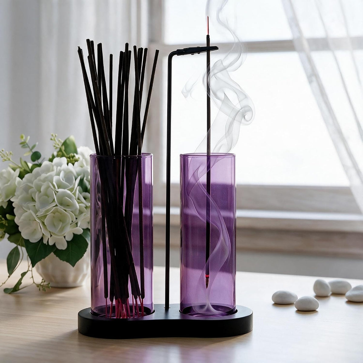 2 in 1 Anti-Ash Incense Holder for Sticks, Upside Down Hanging Incense Burner with Removable Glass Ash Catcher and Wooden Base, Modern Vertical Zen Decor for Home Office Yoga Meditation Room（Clear）