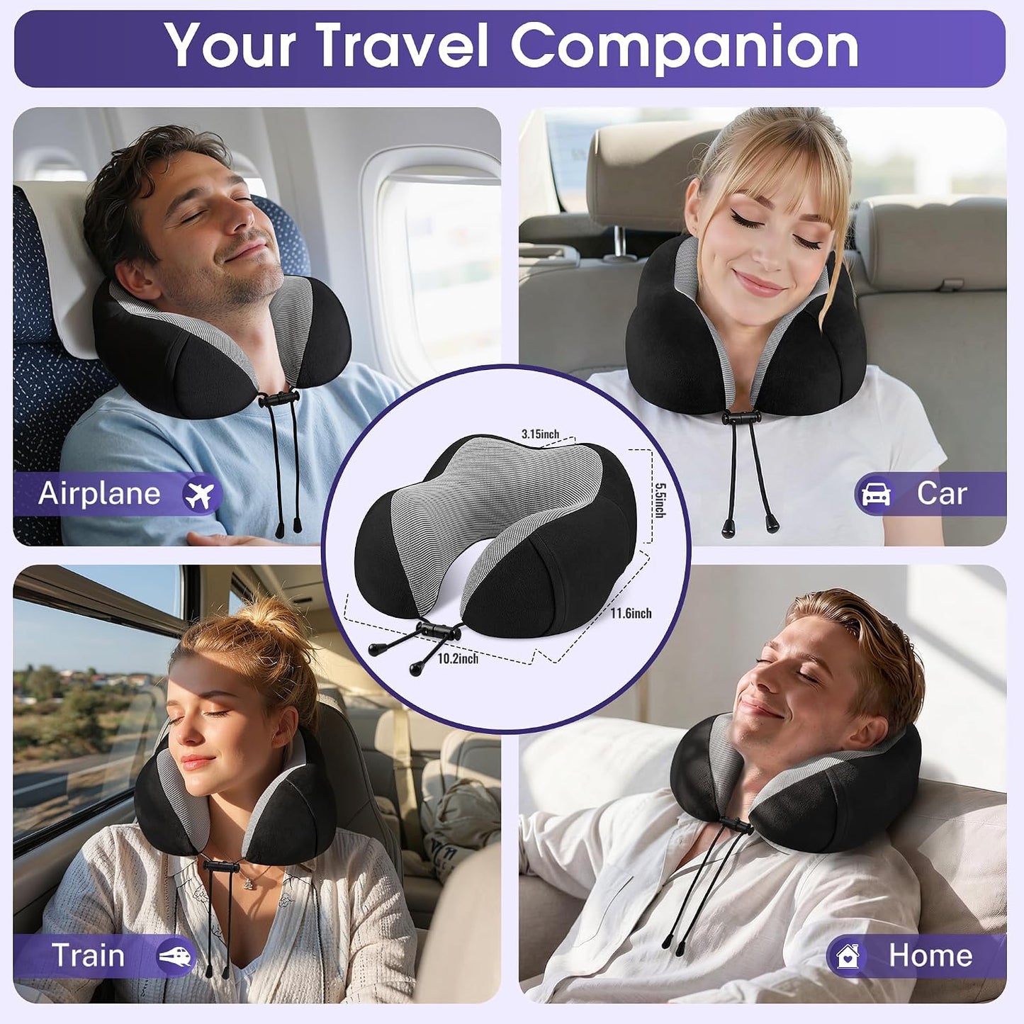 CloudBliss Travel Pillow for Airplane, Memory Foam Neck Pillow for Travel, Compact Flight Pillow with Eye Mask, Earplugs, Carry Bag, Travel Neck Pillow for Long Flight Sleep, Plane Accessories, Black