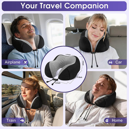 CloudBliss Travel Pillow for Airplane, Memory Foam Neck Pillow for Travel, Compact Flight Pillow with Eye Mask, Earplugs, Carry Bag, Travel Neck Pillow for Long Flight Sleep, Plane Accessories, Black