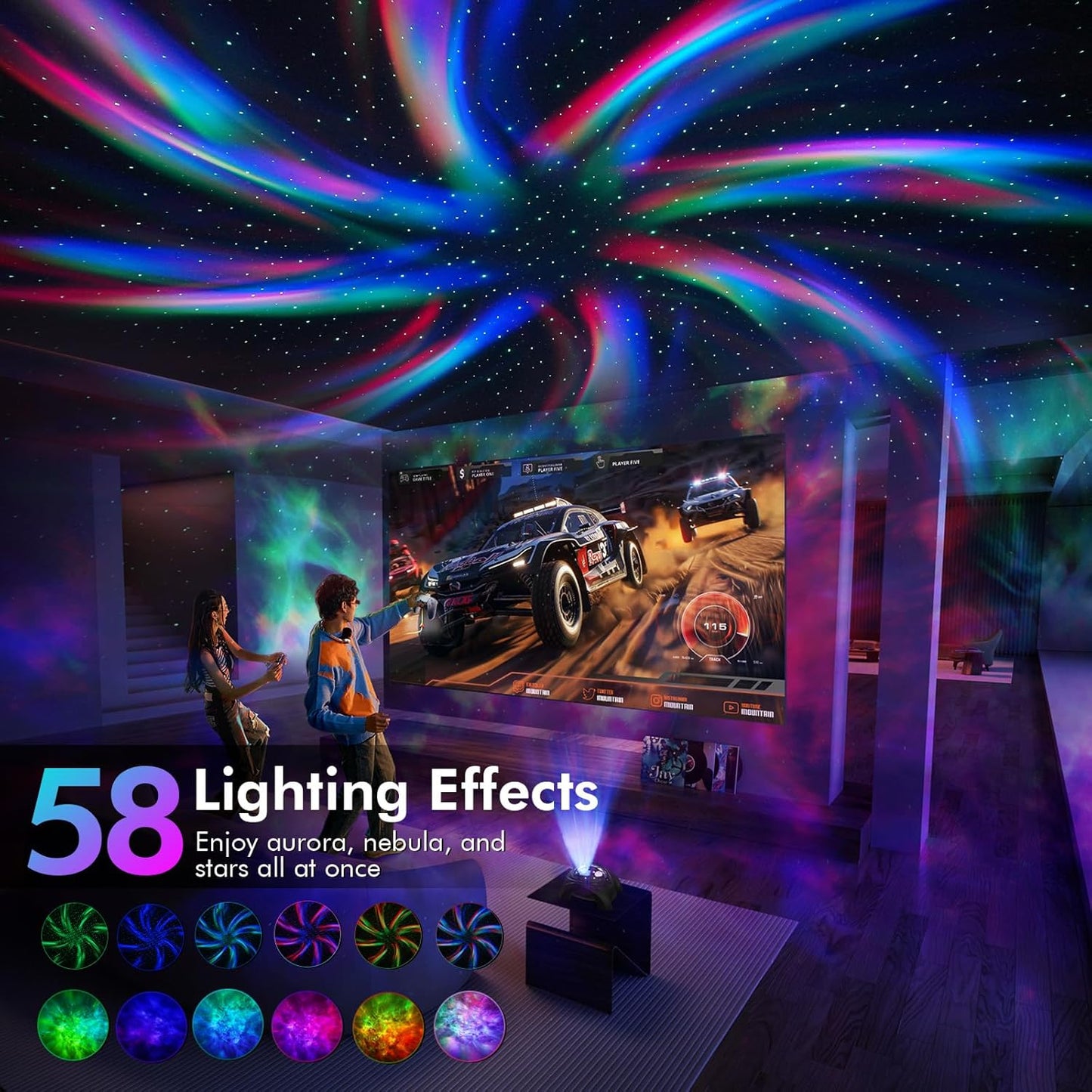 Rossetta Dual Lens Galaxy Projector, Star Projector for Bedroom with 58 Light Effects, Night Light Projector with White Noise & Bluetooth Speaker, Remote Timer, Room Decor Gift for Kids Adults Teens