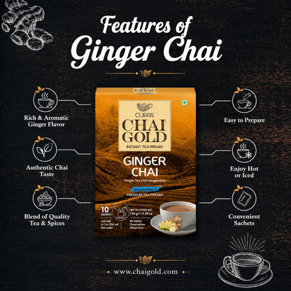 Cuppa Chai Gold Cardamom Chai Instant Tea Premix Unsweetened, No Added Sugar, Rich Cardamom Flavor Tea Beverage Mix, Just Add Hot Water, Convenient Single-Serve Sachets for Home, Office & Travel, Pack of 1 (10 Count)