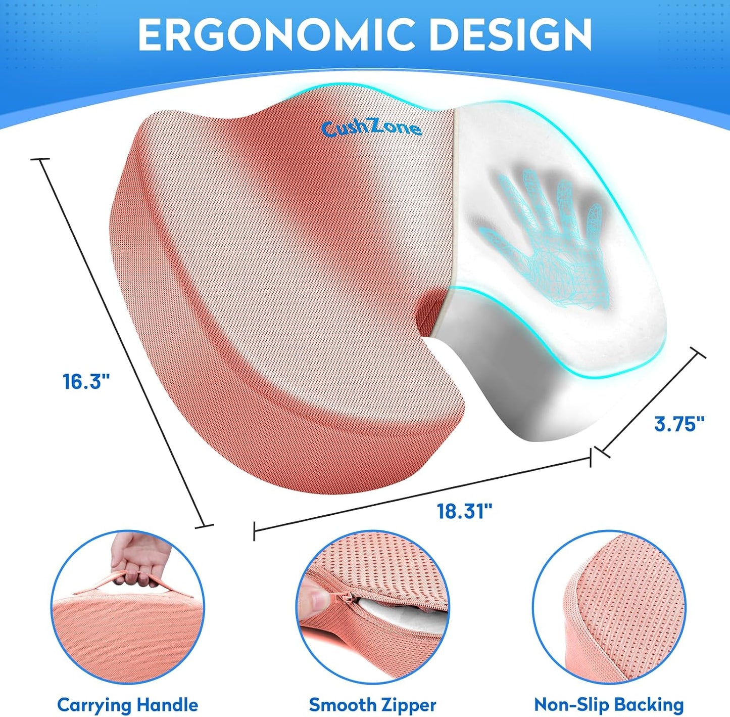 CushZone Seat Cushion - Memory Foam Office Chair Cushion for Sciatica, Tailbone & Back Pain Relief - Orthopedic Coccyx Pillow for Car, Airplane, Pregnancy & Long Sitting at Work, Black