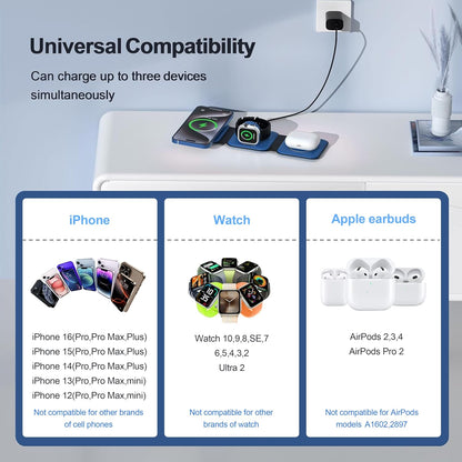 3 in 1 Charging Station for Multple Devices,Foldable 3 in 1 Wireless Charger for Travel,NANO Wireless Charging Station for iPhone17 16 15 14 13 12 Pro Max/Watch 10 9 8 7 6 5 4 3 Ultra/AirPod Pro