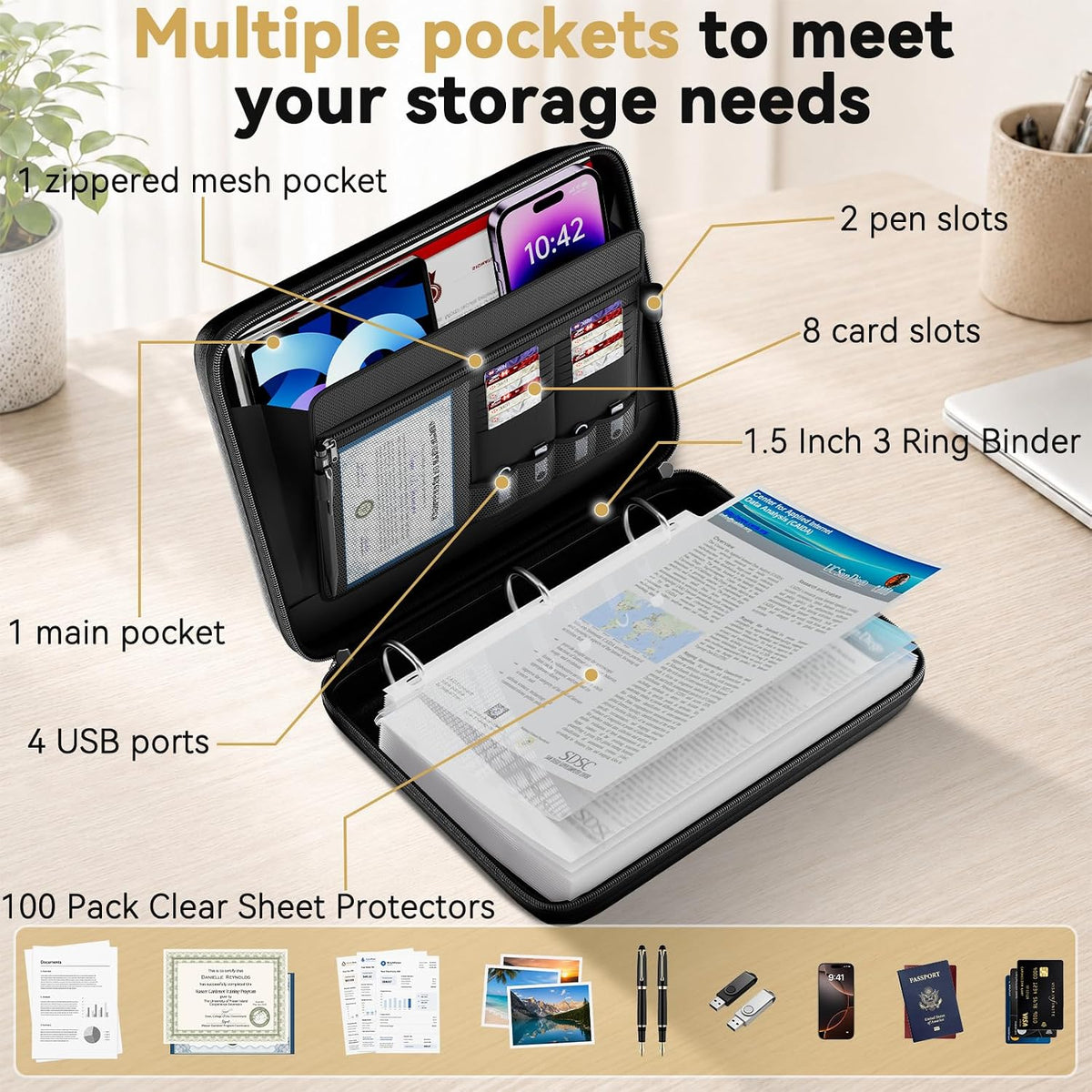 Tamfile Fireproof File Organizer with D-Ring Binder & 100 Sheet Protectors