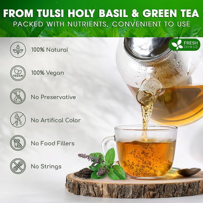 FreshDrinkUS, Premium 55 Tulsi Green Tea Bags, 100% Natural & Pure, Herbal Tea, No Sugar, No Caffeine, No Gluten, Vegan.
