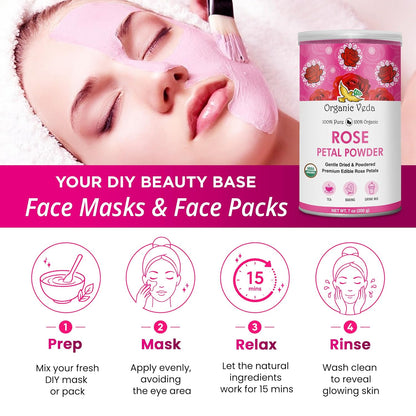 Organic Veda Rose Petals Powder - USDA Organic Edible Dried Rose Petals for Tea, Baking, Drink Mix, DIY Beauty Skin Care, Hair & Face Mask - 100% Pure Rose Powder for Culinary & Aromatherapy, 7 oz