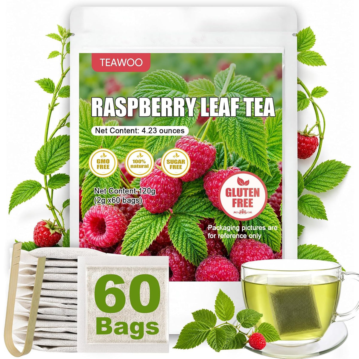 TEAWOO Red Raspberry Leaf Tea, Herbal Tea Bags