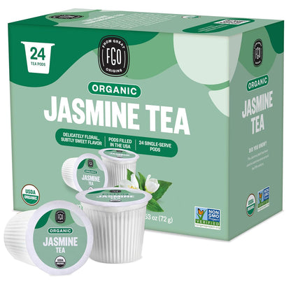 FGO Organic Jasmine Green Tea K-Cup Pods for Keurig, 24 Count (Pack of 1), Premium Green Tea is USDA Organic, Non-GMO, & Recyclable with Naturally Occurring Caffeine