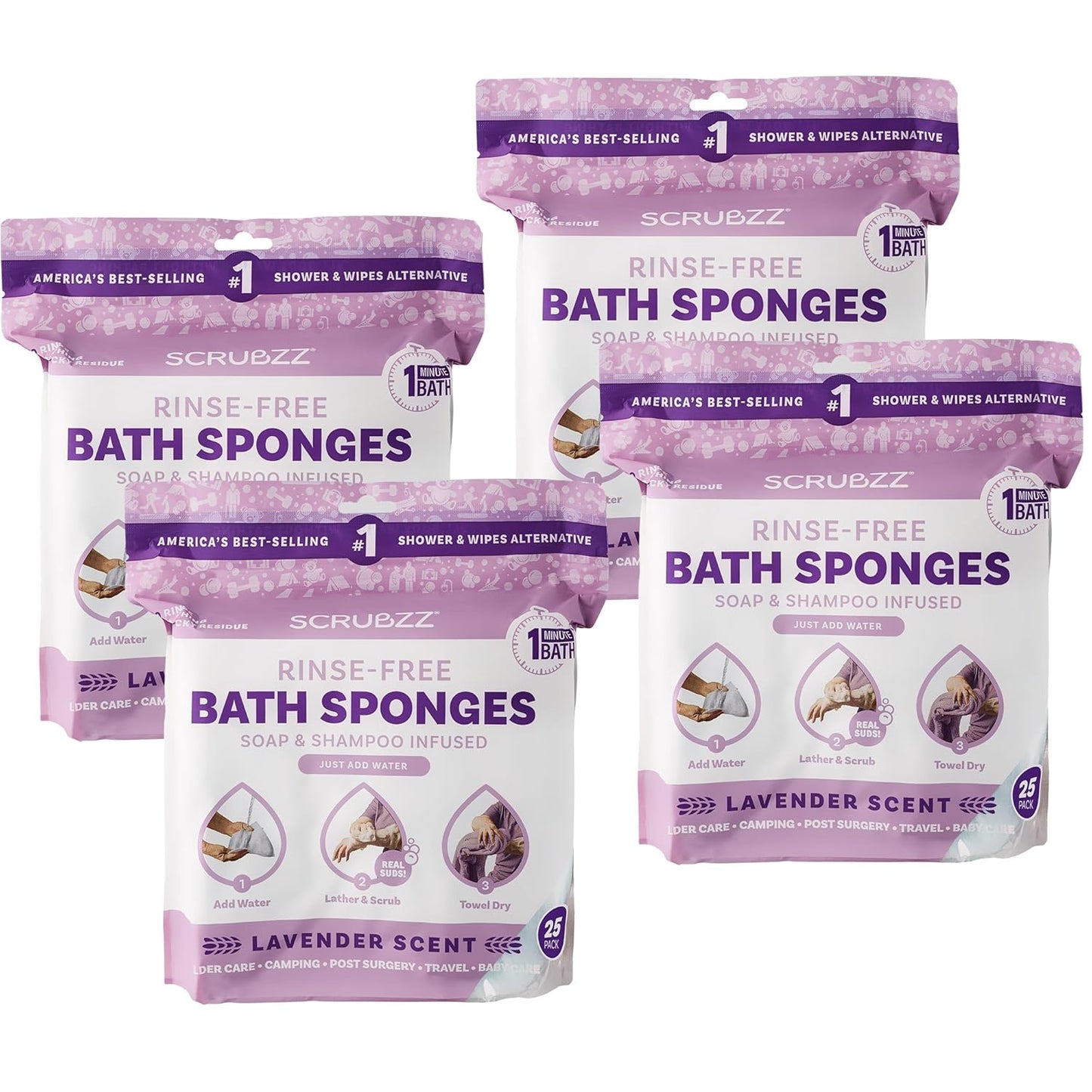 Scrubzz Disposable Rinse Free Bathing Wipes - 25 Pack - All-in-1 Single Use Shower Wipes, Simply Dampen, Lather, and Dry Without Shampoo or Rinsing