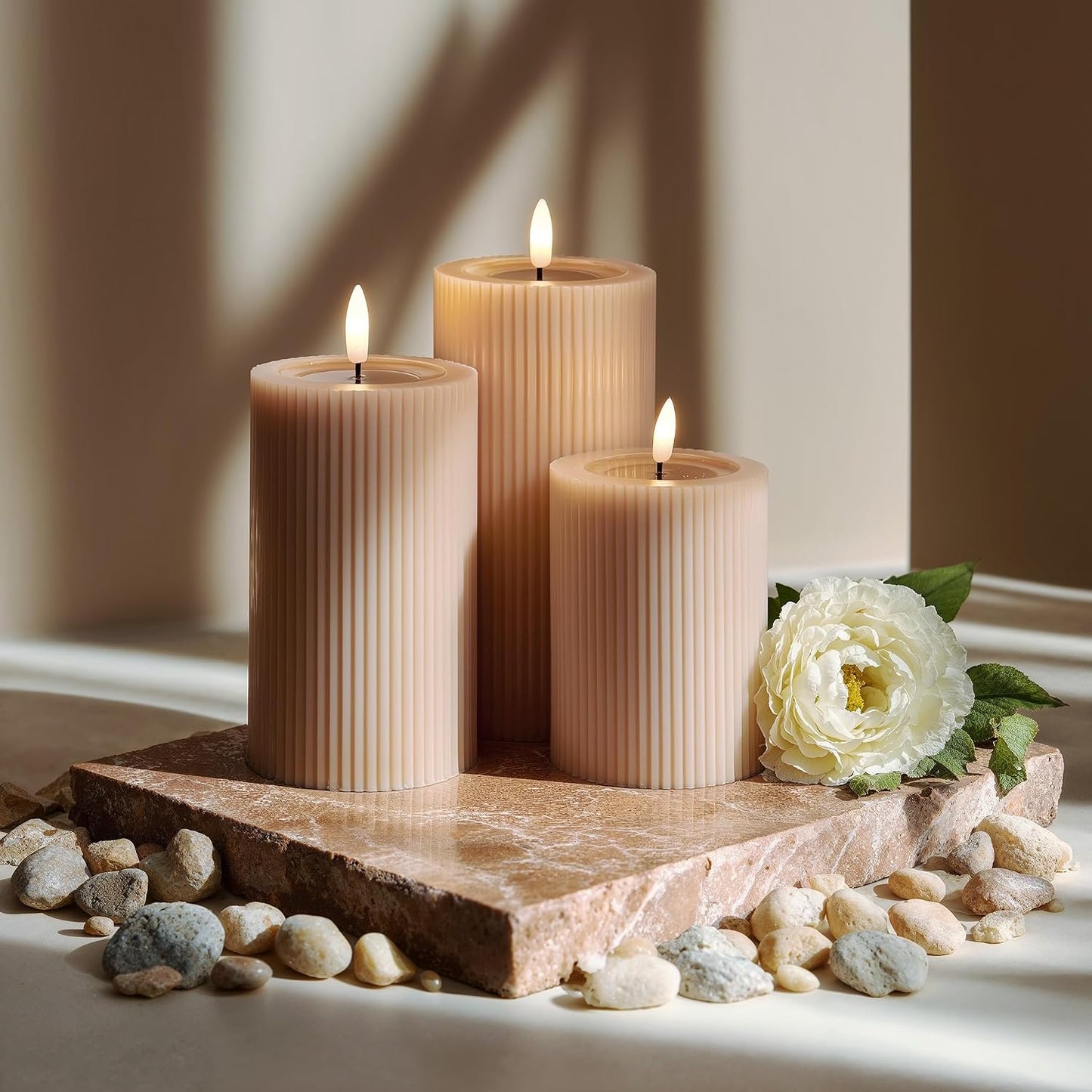 Ribbed Fluted Real Wax Flameless LED Pillar Candles, Loden Sage Olive Green, Melted-Wax Top Look, Flickering Flame, Battery Operated, Remote & Timer, Shelf & Wedding Decor (Set of 3)