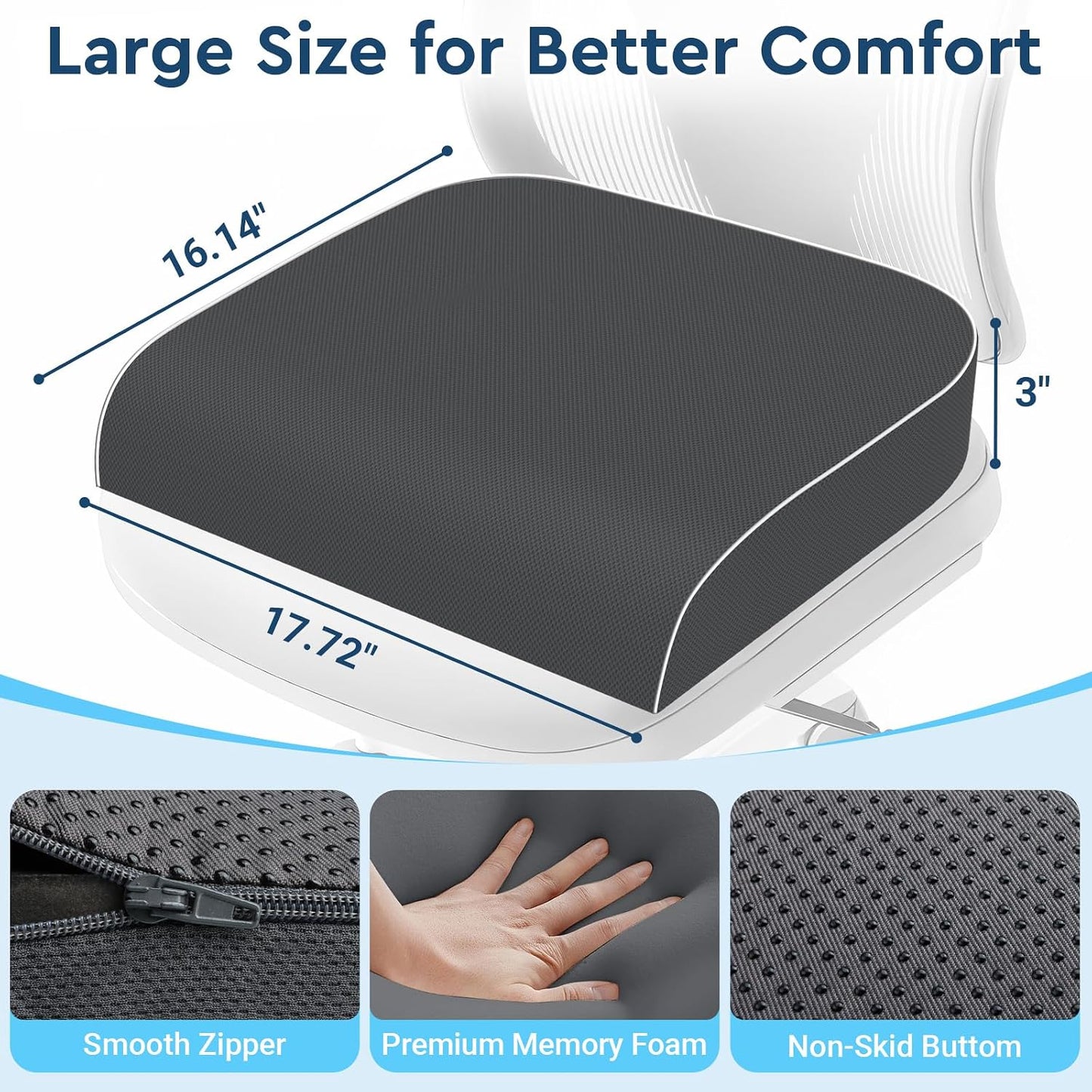 Seat Cushion, Memory Foam Office Chair Cushions for Long Sitting Hours, Chair Pad for Sciatica, Coccyx, Tailbone, Hip Pain & Pressure Relief, Office, Home, Car Seats, Airplane, Black/Large