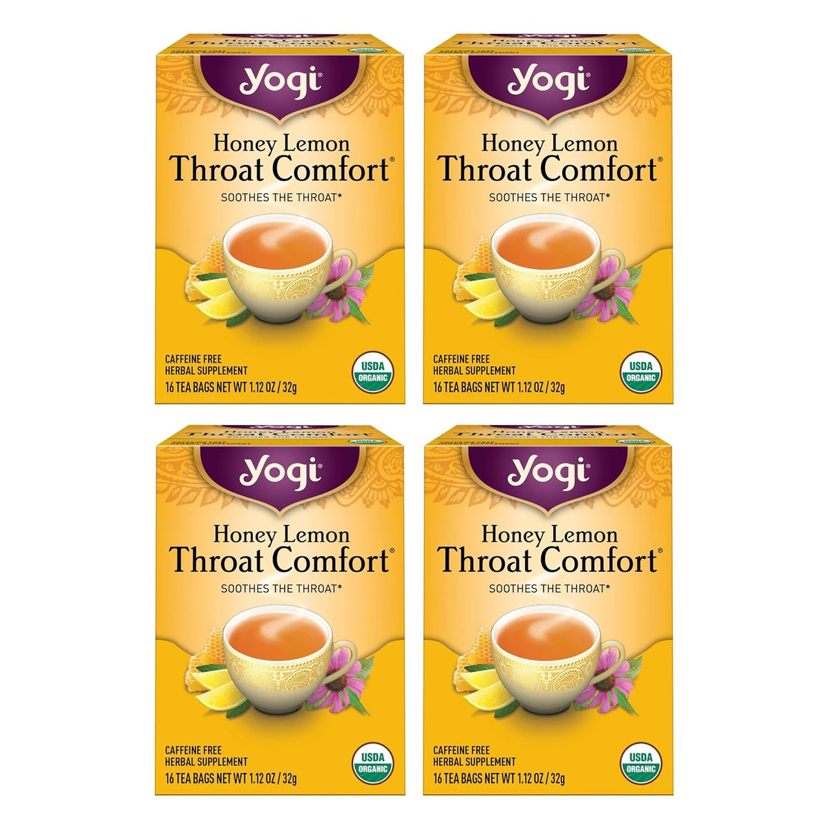 Yogi Honey Lemon Throat Comfort Tea, 16 Tea Bags (4 Pack)