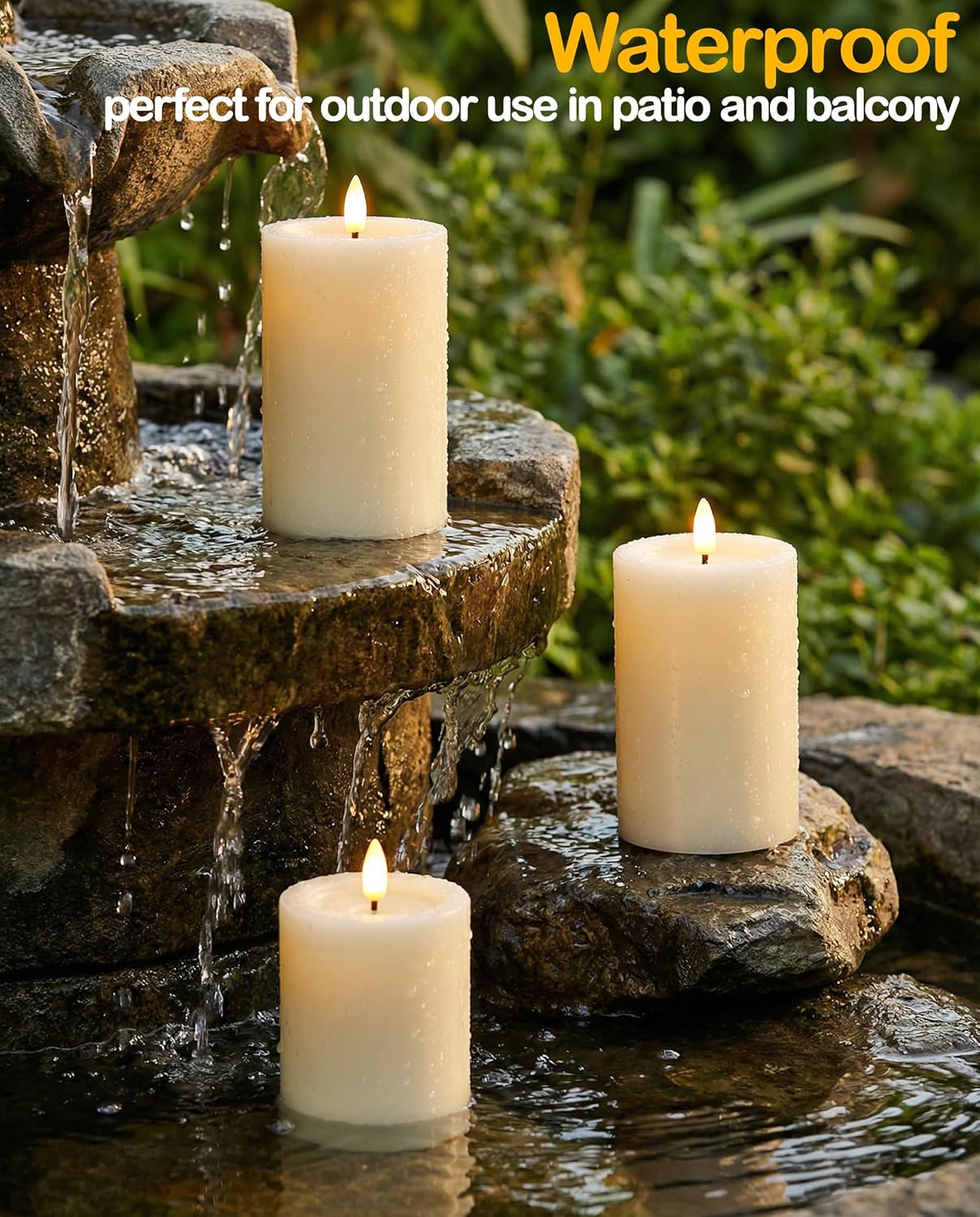 Gmnee 3"x4" Outdoor Waterproof Flameless Candles with Remote and Timers, LED Candles, Battery Operated Candles, Electric Fake Pillar Candles for Patio, Porch, and Lanterns Decor (Ivory, Plastic)