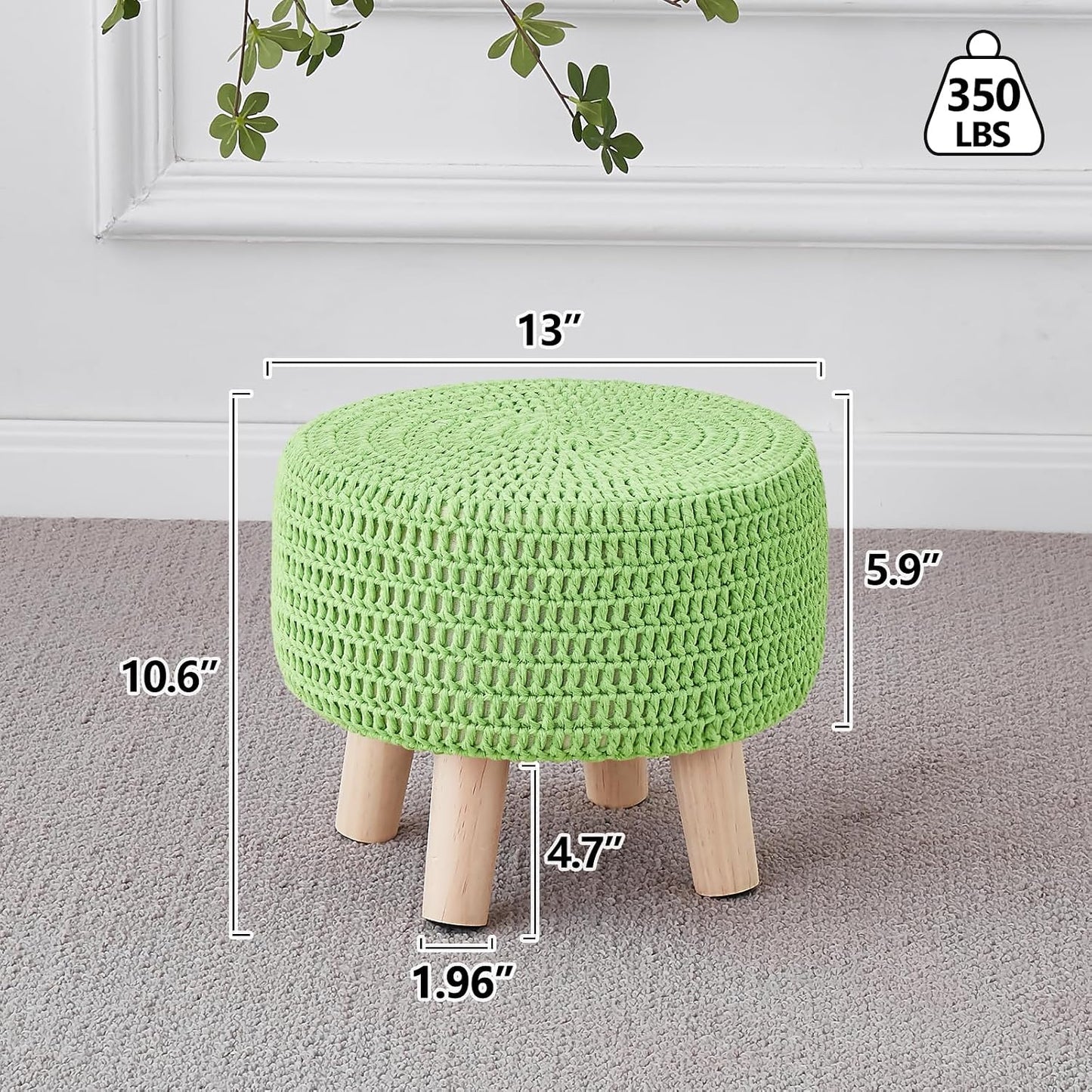 Wimarsbon Pouf Ottoman, 100% Cotton Knitted Boho Footstool, Round Footrest with Non-Skid Wood Legs, Home Décor Handmade Pouffe, Leisure Floor Step Stool for Living Room (Beige)