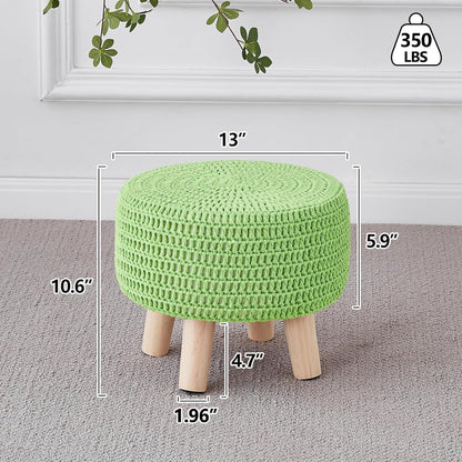 Wimarsbon Pouf Ottoman, 100% Cotton Knitted Boho Footstool, Round Footrest with Non-Skid Wood Legs, Home Décor Handmade Pouffe, Leisure Floor Step Stool for Living Room (Beige)