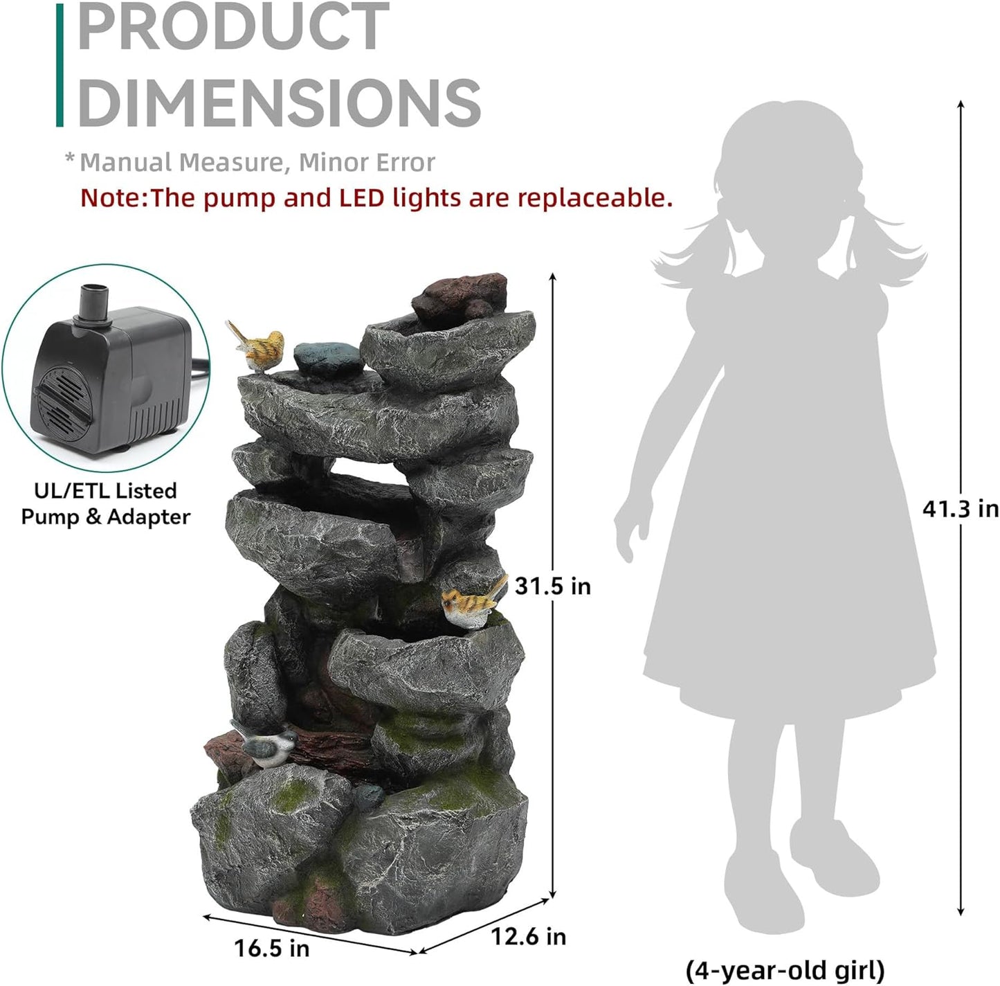 19.5" H 4-Tier Indoor & Outdoor Water Fountain with LED Lights | Resin Pebble Textured Tabletop Cascading Water Feature, Relaxing Decor for Patio, Porch, Deck, Yard & Home