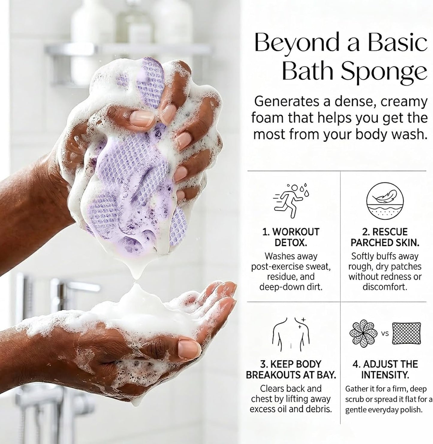 UJFQBH 3 Pieces African Bath Sponge African Net Long Net Bath Sponge Exfoliating Shower Body Scrubber Back Scrubber Skin Smoother,Great for Daily Use (Pink,Yellow,Purple)