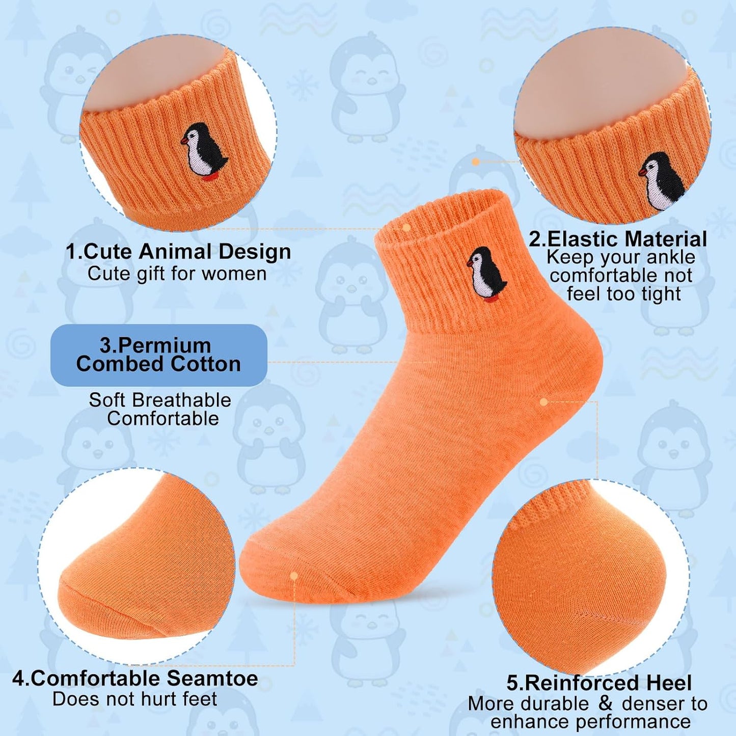 Eurzom 10 Pairs Socks Womens Crew Elastic Ankle Length Cotton Socks Aesthetic Cute Lightweight Low Cut Gifts for Women - Colors A