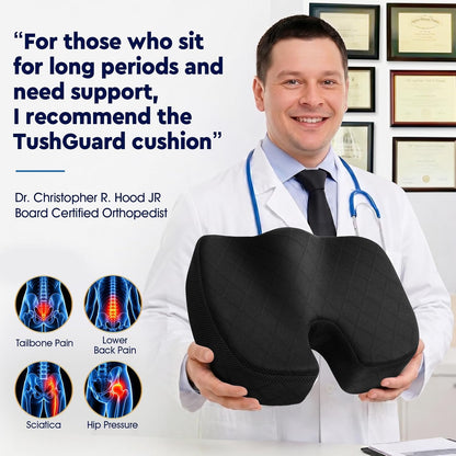 TushGuard Seat Cushion - Memory Foam Sitting Pillow for Office Chair, Car Seat, Airplane, Bleacher - Sciatica & Hip & Coccyx Pain Relief Desk Chair Cushion for Long Sitting Office Workers, Car Drivers