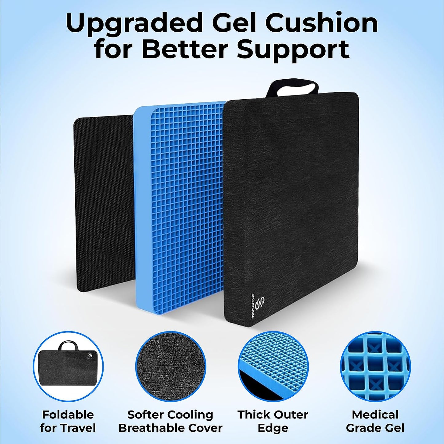 SelectSoma Double-Thick Gel Seat Cushion for Long Sitting Pressure Relief for Back, Sciatica, Coccyx, Tailbone Pain - Cushion for Airplane Travel, Office Chair, Wheelchair, Car & Truck - Egg Seat Pad