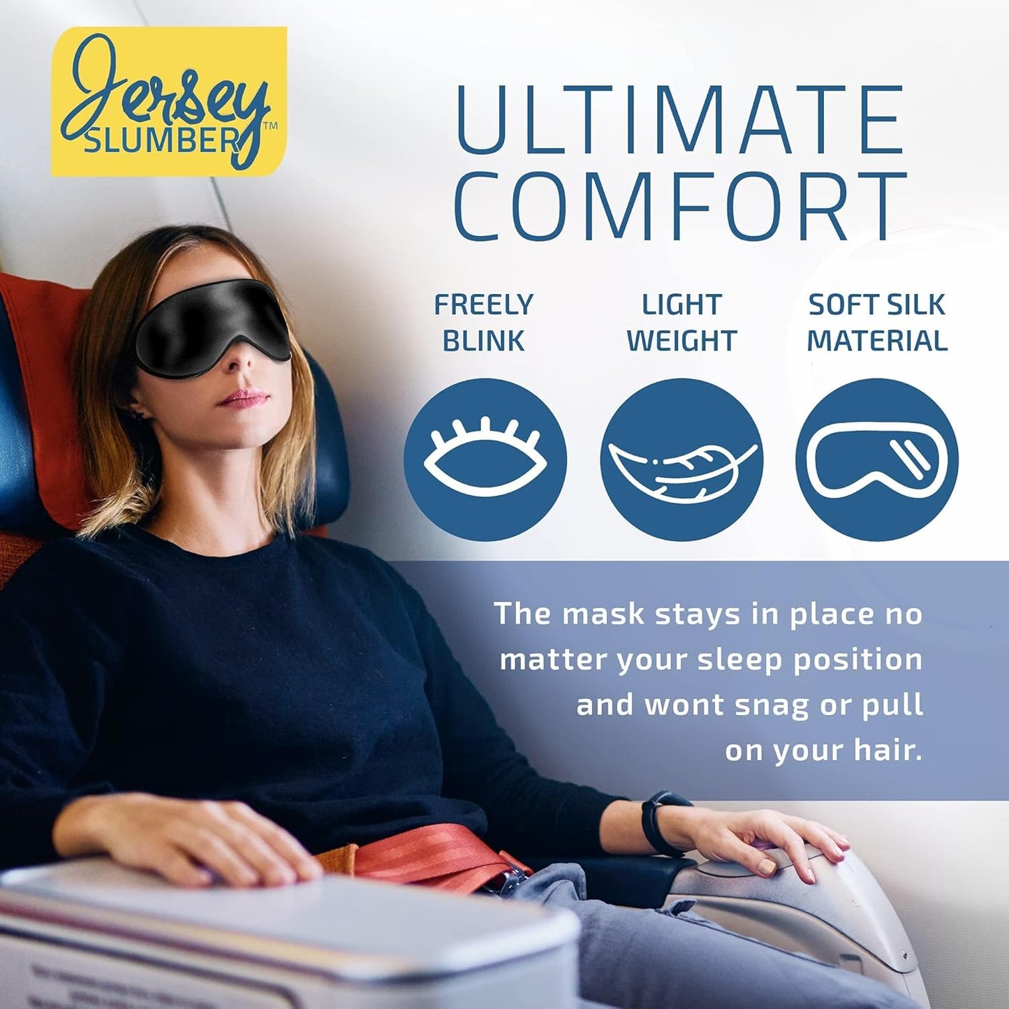 Jersey Slumber 100% Silk Sleep Mask for Women Men Side Sleeper - Light Blocking Eye Mask for Sleeping, Zero Pressure Soft Blindfold, Adjustable Strap, Silk Eye Cover for Travel Nap - Black