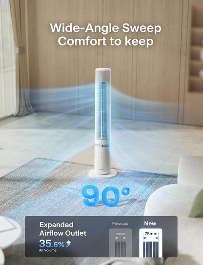 PELONIS 40 inch Bladeless Tower Fan for Bedroom, Standing Fan with Remote Control, 26ft/s, 90° Oscillation, 3 Speed Settings, 27dB, 3 Modes, 15-Hour Timer, LED Display, Fan that Blows Cold Air, White