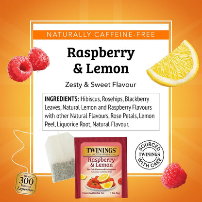 Twinings Raspberry & Lemon Herbal Tea Individually Wrapped Bags, 20 Count (Pack of 6), Fruity & Zesty, Naturally Caffeine-Free, Enjoy Hot or Iced, 120 Teabags