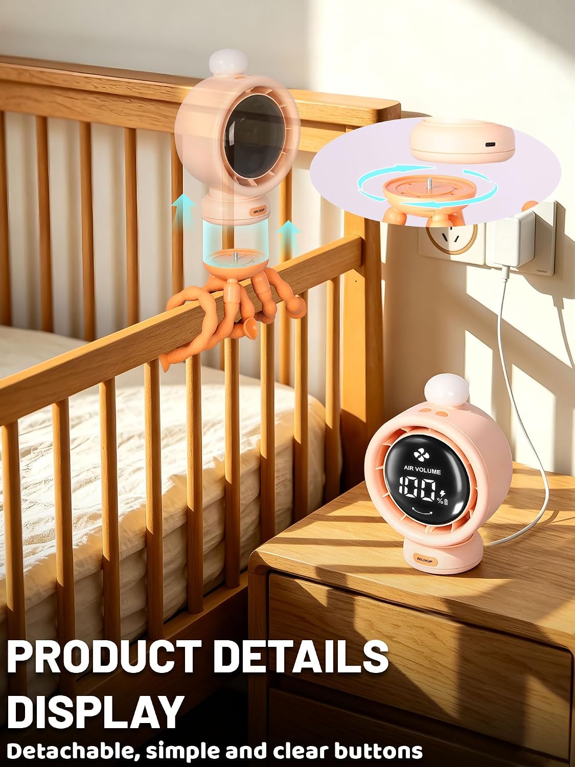 Stroller Fan for Baby with Night Light, 135° Automatic Air Swing (Orange)