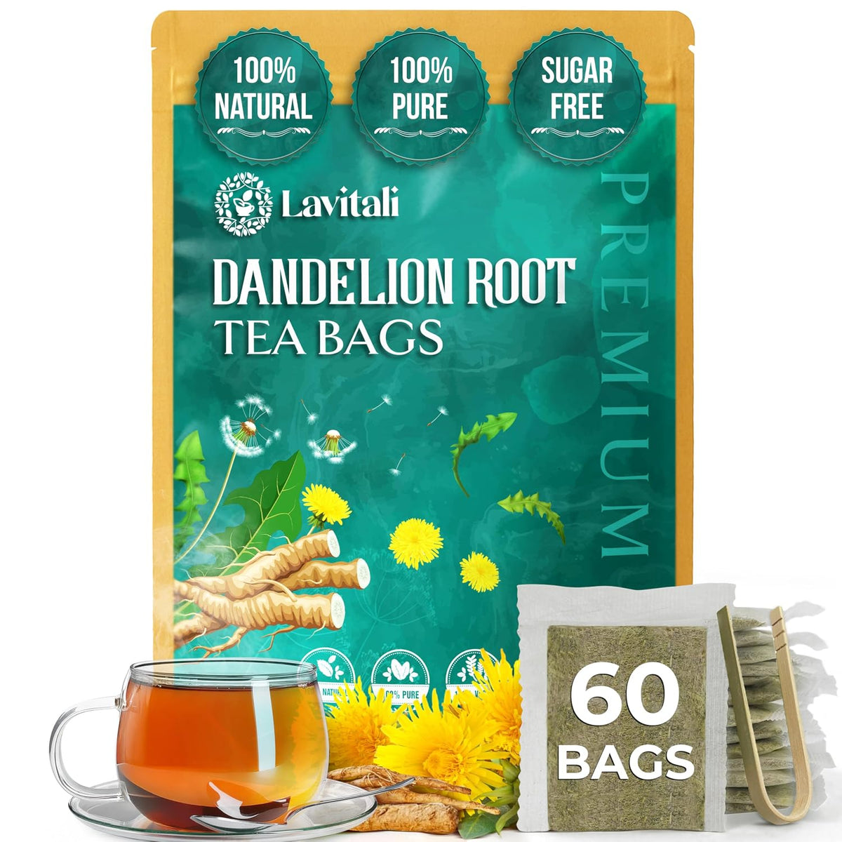 Lavitali, Dandelion Tea Bags | 60 bags, 100% Pure Herbal Tea | Caffeine-Free, Eco-Friendly Filter Bag | Daily Natural Botanical, Hot or Iced Herbal Infusion
