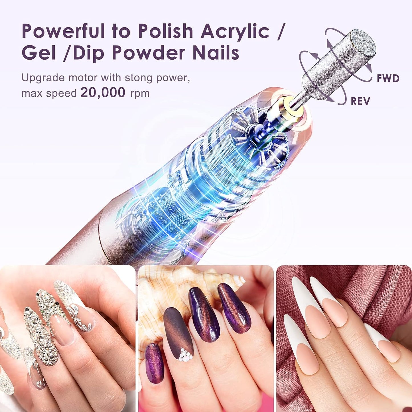 COSLUS C20 Cordless Nail Drill Electric File: Professional for Acrylic Gel Dip Powder Nails, Portable All-in-One Nail Drill Machine Kit for Manicure & Pedicure, Rechargeable Lightweight, Purple