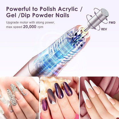 COSLUS C20 Cordless Nail Drill Electric File: Professional for Acrylic Gel Dip Powder Nails, Portable All-in-One Nail Drill Machine Kit for Manicure & Pedicure, Rechargeable Lightweight, Purple