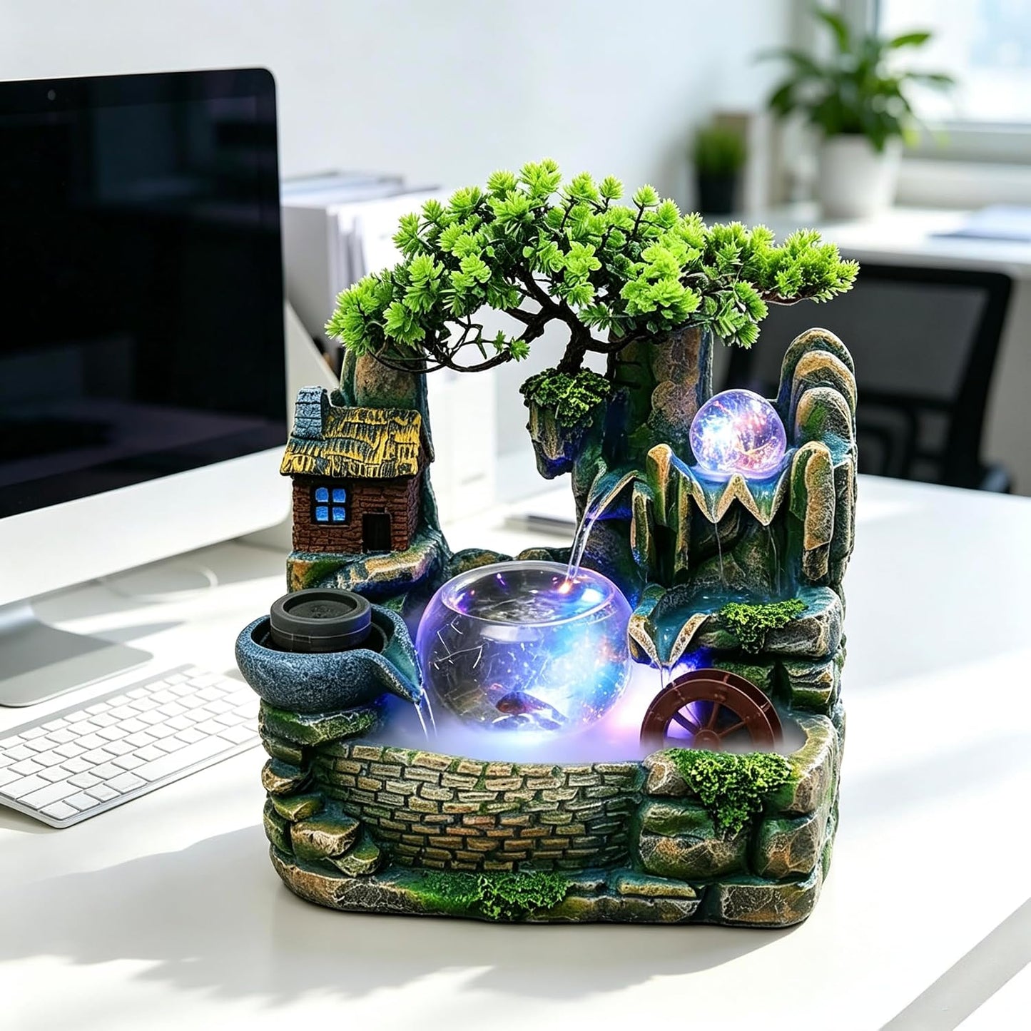 Mini Artificial Bonsai Tree Waterfall Fog Feature Rock Tabletop Fountain | 11in Desktop Decor Waterfall Fountain W/ Water Pump& Atomizer&LED Lights &Fake Tree Office Bedroom Relax