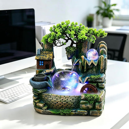 Mini Artificial Bonsai Tree Waterfall Fog Feature Rock Tabletop Fountain | 11in Desktop Decor Waterfall Fountain W/ Water Pump& Atomizer&LED Lights &Fake Tree Office Bedroom Relax