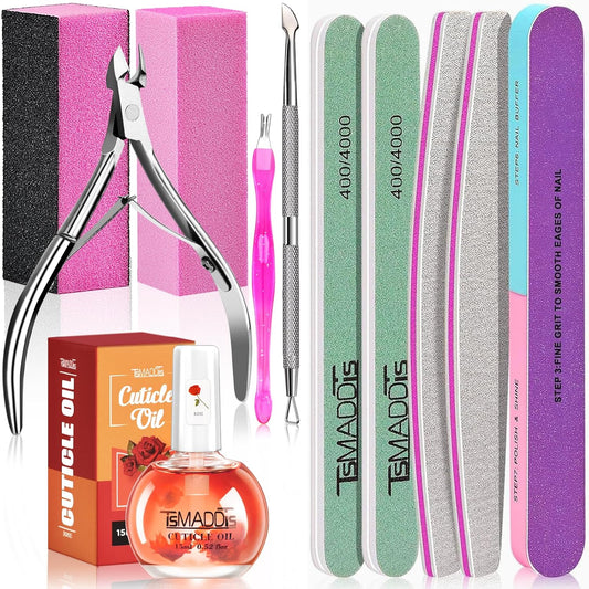 TsMADDTs Manicure Tools Kit Nail Care Kit with 3 pcs Files, 2 pcs Buffer Blocks, 2 Polishing Buffers, Cuticle Nipper, Pusher and Cuticle Oil