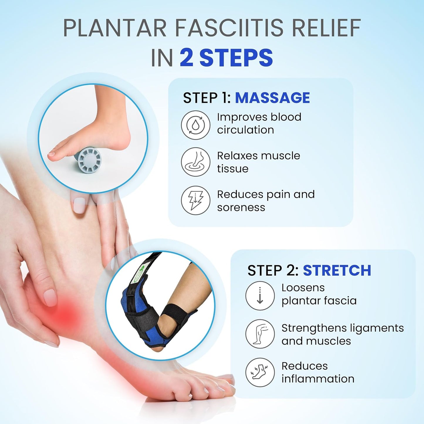 Foot & Calf Stretcher for Plantar Fasciitis, Includes Foot Massage Roller, Achilles Tendinitis, Foot Drop, Yoga Foot & Leg Stretching Strap