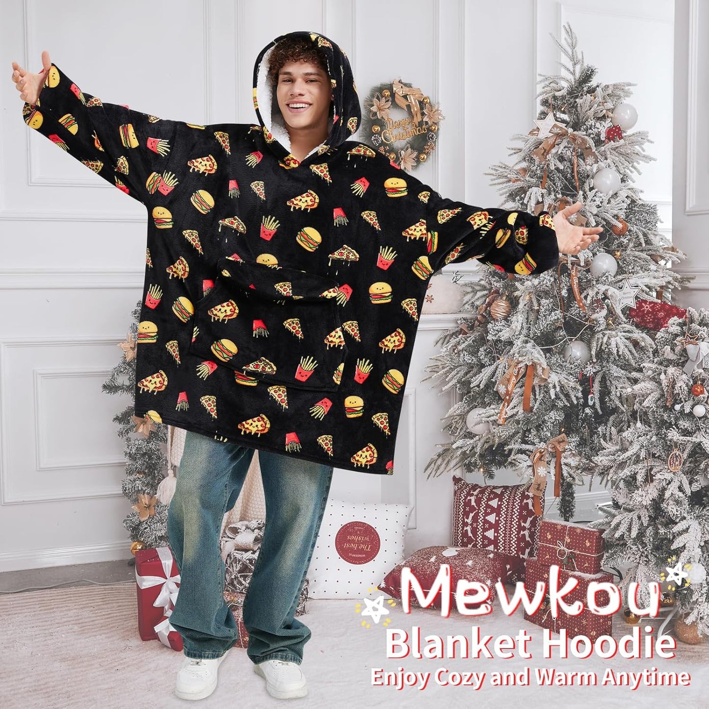 Mewkou Wearable Blanket Hoodie for Adult,Oversized Sherpa Fleece Blanket Hoodie for Women Men,Grey