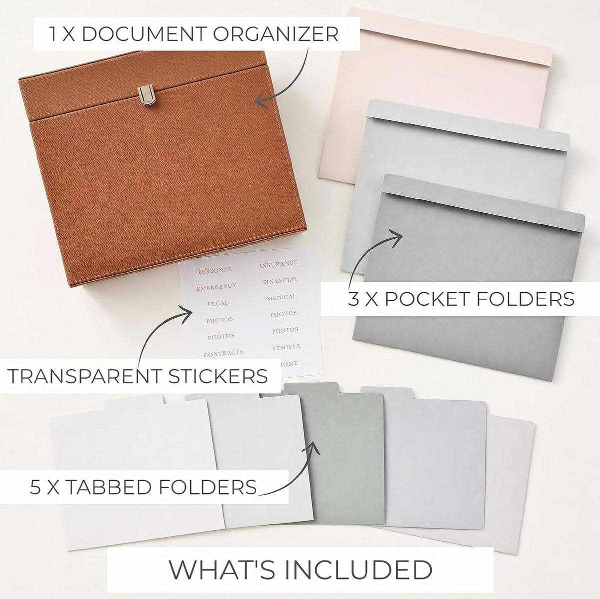 Aesthetic Document Organizer Box with 8 Folders - PU Leather File Organizer