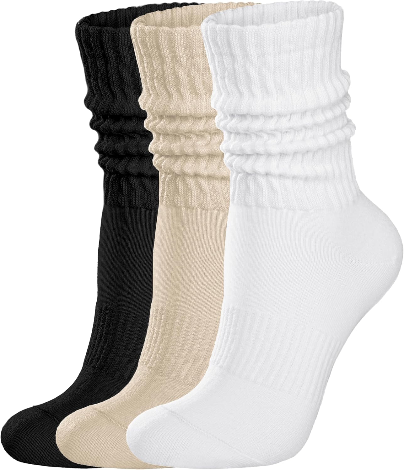 Womens Scrunch Crew Socks: Retro Solid Slouch Mid Calf Socks - Cotton Casual Athletic Socks