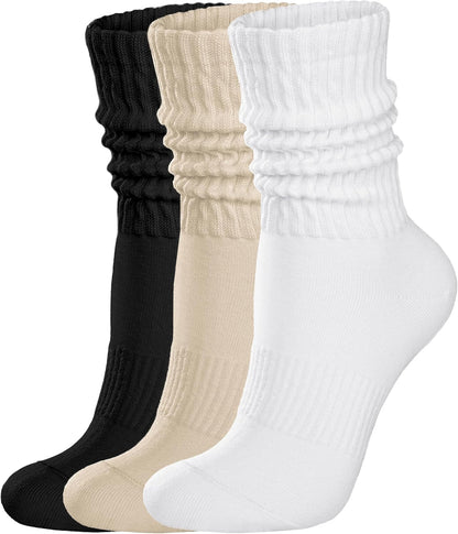 Womens Scrunch Crew Socks: Retro Solid Slouch Mid Calf Socks - Cotton Casual Athletic Socks
